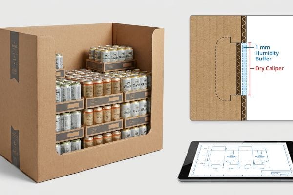 Brown corrugated cardboard display unit with Phat State beverage cans, a technical diagram showing 1 mm Humidity Buffer and Dry Caliper, and a tablet with a dieline.