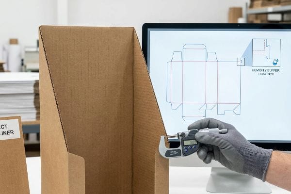 Brown 32 ECT Liner corrugated box measured by a micrometer, with a CAD dieline on screen showing a 0.04-inch Humidity Buffer.