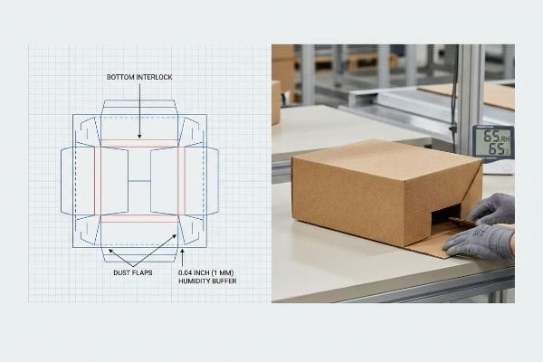 A technical diagram illustrates a cardboard box bottom interlock with Dust Flaps and a 0.04 Inch (1 mm) Humidity Buffer, alongside a person assembling a brown box.
