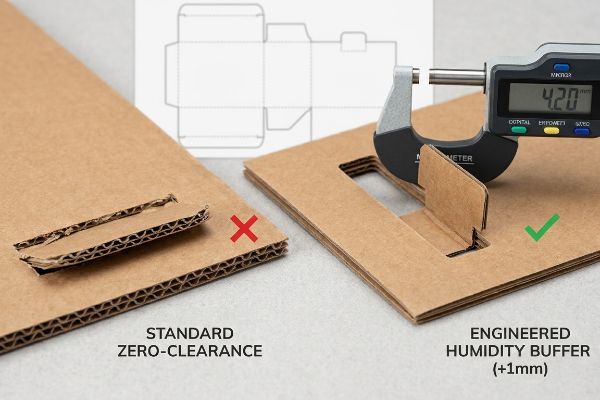 Brown corrugated cardboard: crushed Standard Zero-Clearance tab vs. Engineered Humidity Buffer slot, measured 4.20 mm.