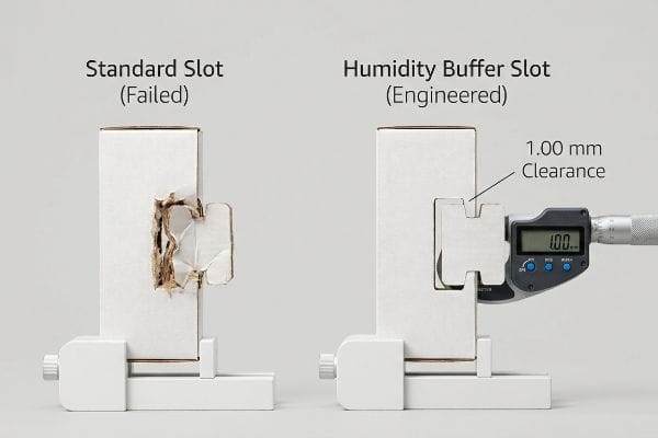 White cardboard comparison: a failed Standard Slot versus an Engineered Humidity Buffer Slot with 1.00 mm clearance measured by a micrometer.