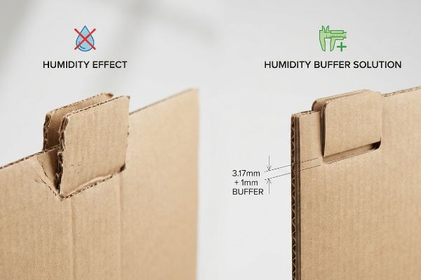 Corrugated cardboard illustrates a buckled tab from Humidity Effect next to a precise 3.17mm + 1mm Humidity Buffer Solution slot.