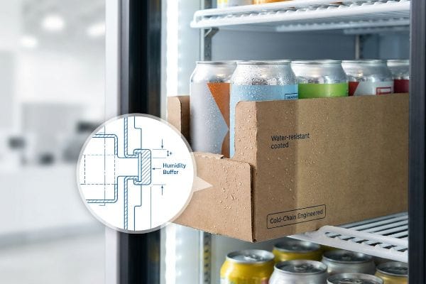 Water-resistant coated, Cold-Chain Engineered corrugated beverage display in a refrigerated cooler, showing a humidity buffer slot detail.