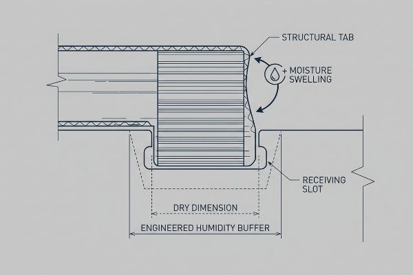 Technical diagram showing a Structural Tab and Receiving Slot, illustrating Moisture Swelling and the Engineered Humidity Buffer versus Dry Dimension.