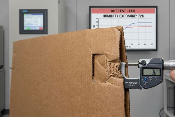 Corrugated cardboard's crushed flutes are measured at 3.8mm by a digital micrometer, illustrating BCT Test failure after 72h humidity exposure.