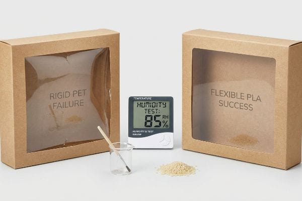 Two window-patched boxes display Rigid PET Failure and Flexible PLA Success, with a humidity meter showing 85% RH and material pellets.
