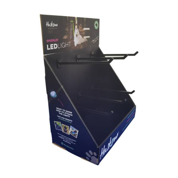 angled view of a blue custom cardboard peg hook display for led safety lights.