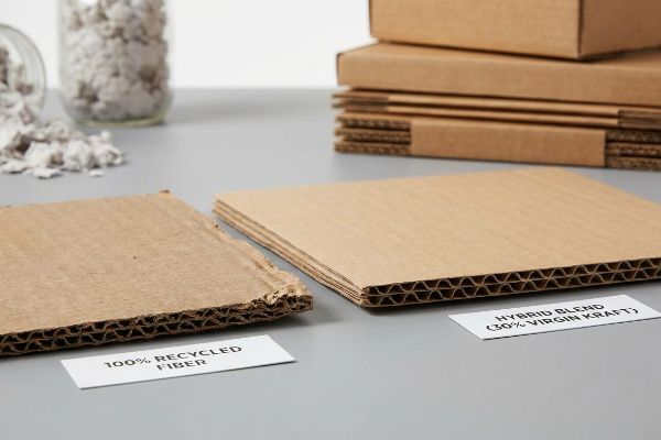 Corrugated cardboard samples display 100% Recycled Fiber versus Hybrid Blend (30% Virgin Kraft), highlighting structural integrity for packaging.