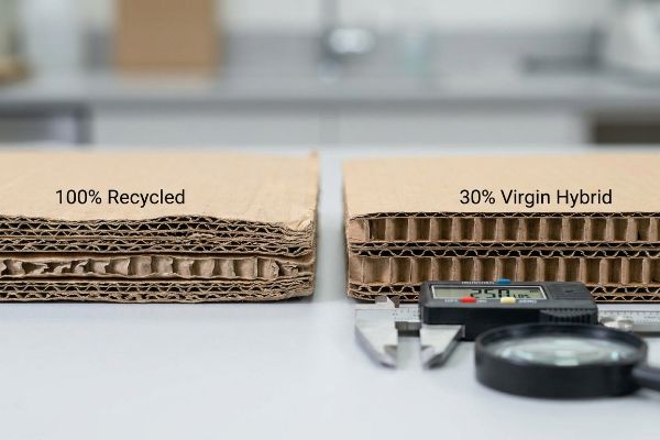 Corrugated board comparison: 100% Recycled vs. 30% Virgin Hybrid, showing the hybrid's uniform flutes measured at 250 LBS for superior ECT strength.