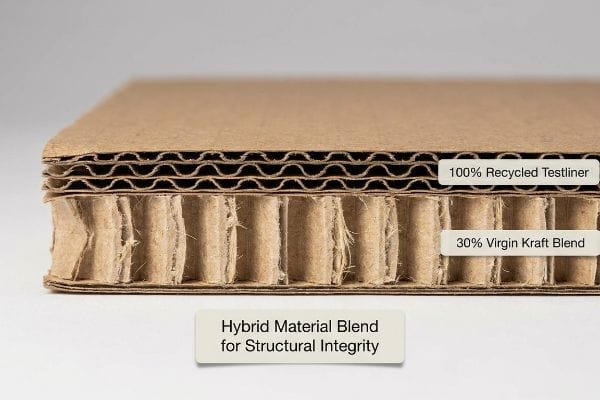Close-up of hybrid corrugated board showing 100% Recycled Testliner and 30% Virgin Kraft Blend for structural integrity.
