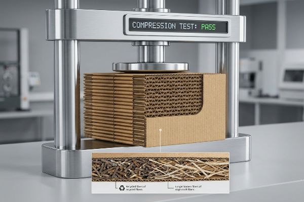 Corrugated board stack under compression test, showing 'Compression Test: Pass'. Inset details hybrid fiber composition: recycled and virgin kraft fibers.