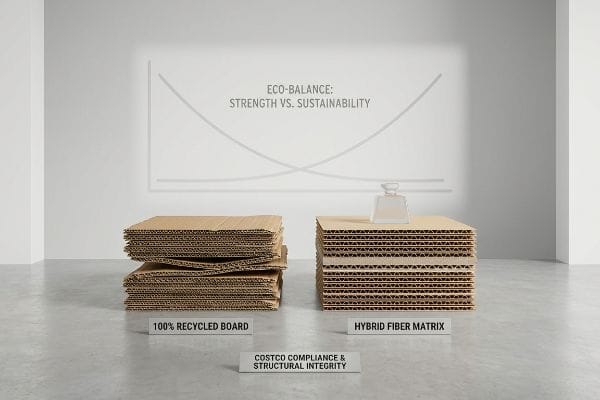 Compressed 100% Recycled Board vs. stable Hybrid Fiber Matrix, demonstrating Eco-Balance: Strength vs. Sustainability for Costco Compliance.