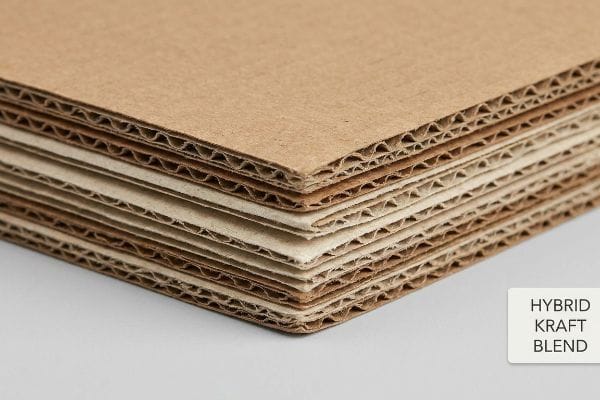 Stacked corrugated cardboard sheets reveal a Hybrid Kraft Blend, showcasing distinct layers of paper fibers and fluting for structural integrity.