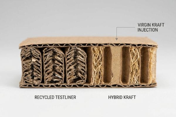 Corrugated cross-section displays Recycled Testliner and Hybrid Kraft with Virgin Kraft Injection for enhanced fluting strength.