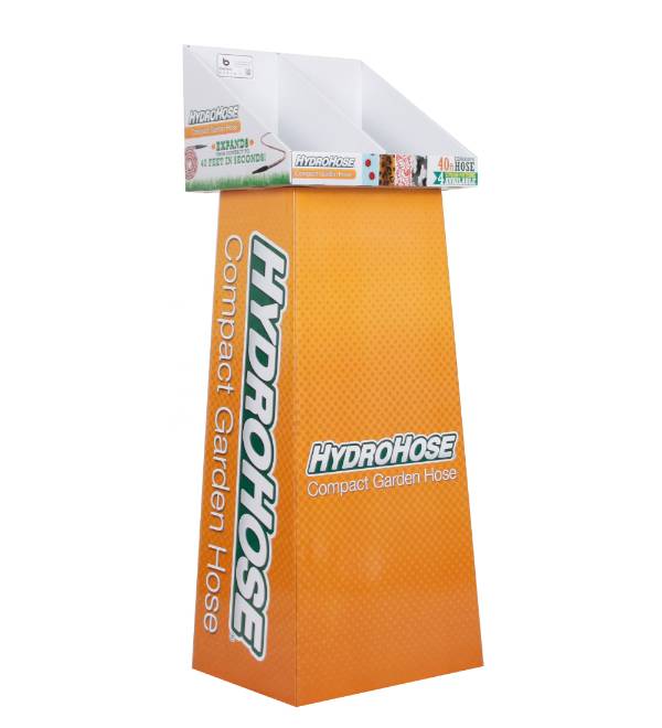 custom hydrohose garden hose cardboard display for retail floor merchandising.