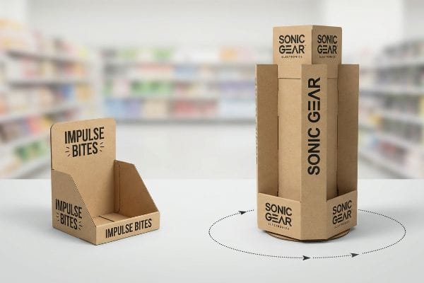 Brown corrugated cardboard counter-top display, branded 'Impulse Bites' in black text, designed for point-of-sale impulse purchases.