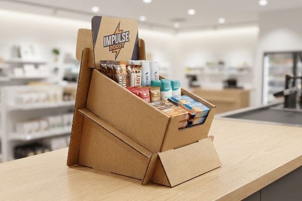 Présentoir Impulse Boost PDQ en carton ondulé brun naturel rempli de barres énergétiques et de boissons, sur un comptoir de magasin.