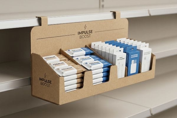 A cardboard Impulse Boost power wing display hangs from a retail shelf, filled with Premium products and Smart Accessories.