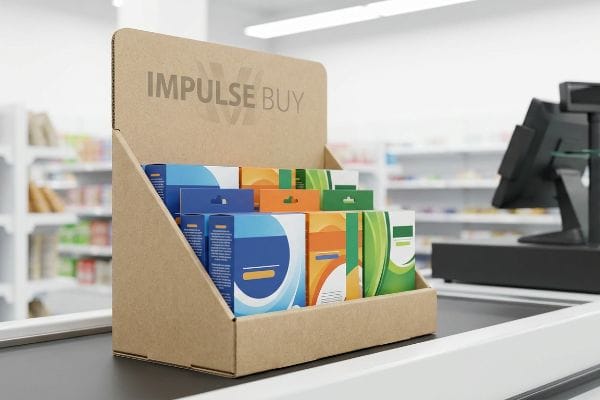 Un mostrador de caja en una tienda cuenta con un expositor de cartón corrugado para compras impulsivas (Impulse Buy PDQ) que contiene productos empaquetados de colores.