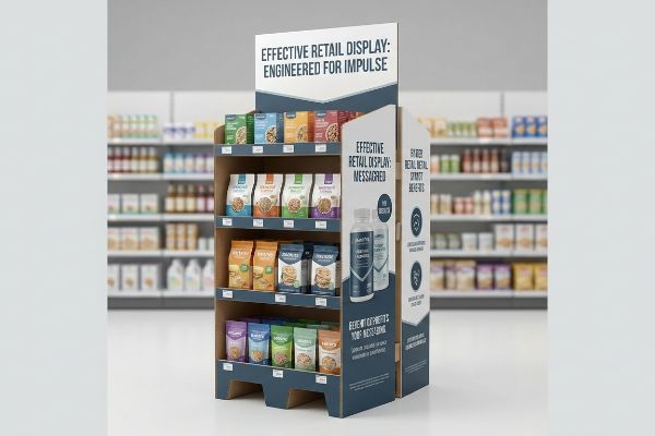 A retail store aisle features a multi-tiered cardboard display stand showcasing packaged food items, with text