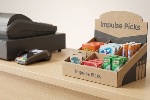Impulse Picks PDQ Display A retail checkout counter features a cardboard PDQ display labeled "Impulse Picks," filled with Reese's, Eip, and Milo products.