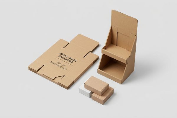 Corrugated cardboard retail-ready packaging components: flat unassembled sheets, an assembled two-tier PDQ display, and small boxes, labeled 'Retail Ready Packaging' and 'Impulse Purchase Unit'.
