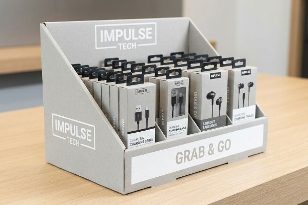 A grey Impulse Tech point-of-purchase display on a wooden table, featuring Grab & Go charging cables and earbuds.