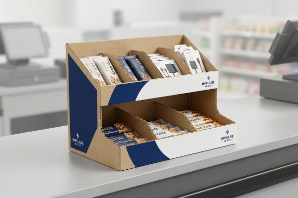 A retail counter features a two-tier corrugated cardboard display with Impulse - Series branding, holding snack bars and electronic accessories.