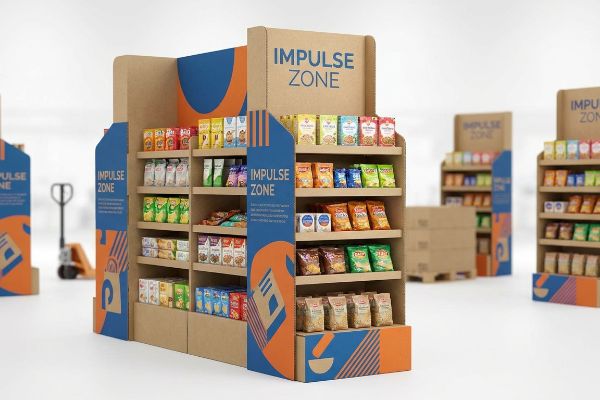 Multiple cardboard Free Standing Display Units, labeled