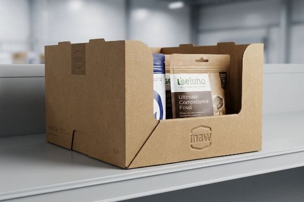 Bandeja expositora PDQ em cartão ondulado castanho com o logótipo 'inaw', apresentando os produtos 'L'seiuho Ultimate Competence Fowd'.