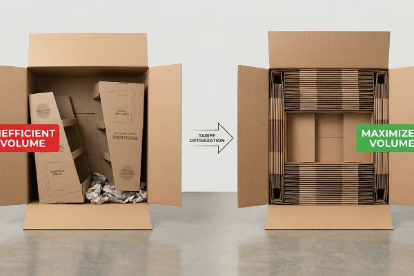 Corrugated boxes contrast Inefficient Volume (loose packing) with Maximized Volume (nested inserts) for Tariff Optimization.