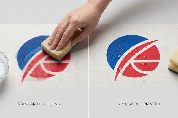 White canvas displays Standard Liquid Ink bleeding from a blue and red logo being scrubbed, contrasted with waterproof UV Flatbed Printed ink.