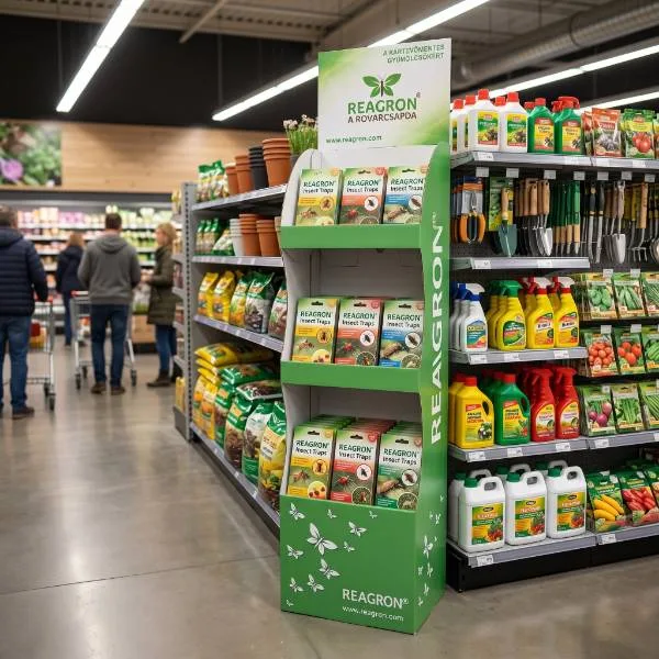 Insektenfallen-Kartonaufsteller im Supermarktregal