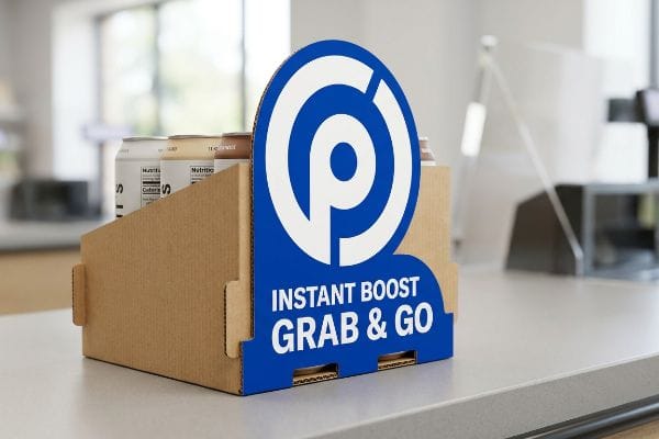 Corrugated cardboard point of sale display with a blue die-cut element featuring 