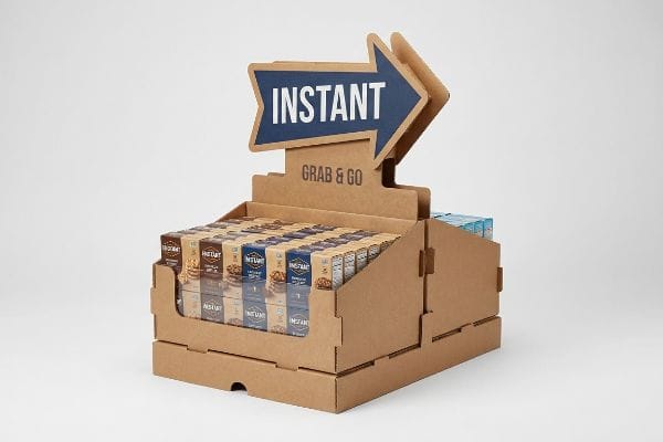 Brown corrugated cardboard point-of-purchase display featuring a 3D die-cut 'Instant' arrow header and 'Grab & Go' text, promoting impulse buys.