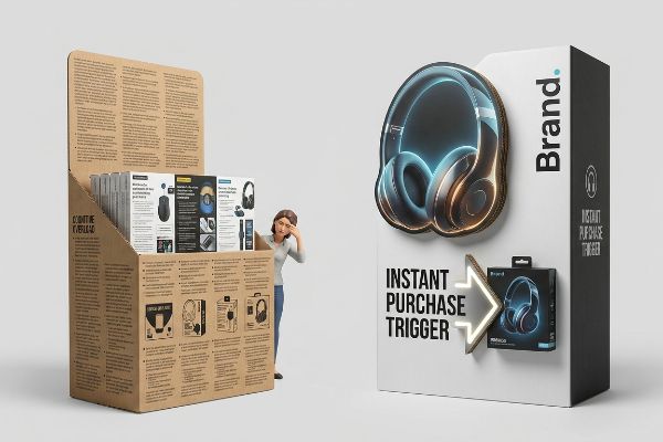 Brown corrugated cardboard display showing 'Cognitive Overload' with a frustrated woman, contrasted by a white display featuring a glowing 3D die-cut headphone and 'Instant Purchase Trigger' for Brand. headphones.