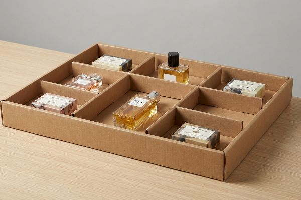 Brown corrugated cardboard boutique tray features integrated modular dividers holding luxury perfumes, including Chanel, and artisan soaps.