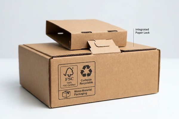 Brown corrugated cardboard box featuring an Integrated Paper Lock, stamped with Fsc 100% Fsc Certified, Curbside Recyclable, and Mono-Material Packaging.