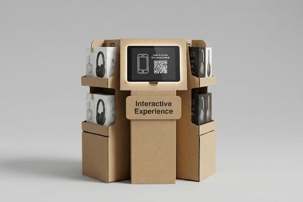 Ein interaktives POS-Display aus Karton verfügt über ein Tablet, das einen QR-Code anzeigt 