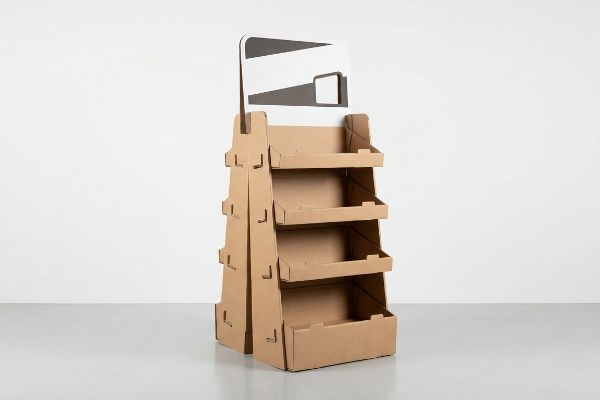 Natural kraft corrugated cardboard retail display with three empty shelves and a blank header card.