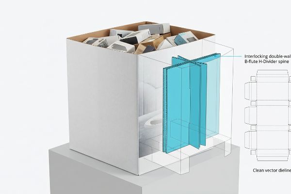 Interlocking double-wall B-flute H-Divider spine within a corrugated dump bin, alongside its clean vector dieline.