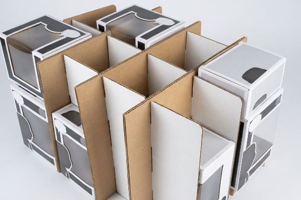 E-flute corrugated modular dividers protect Funko Pop boxes in individual cells for collectible display.