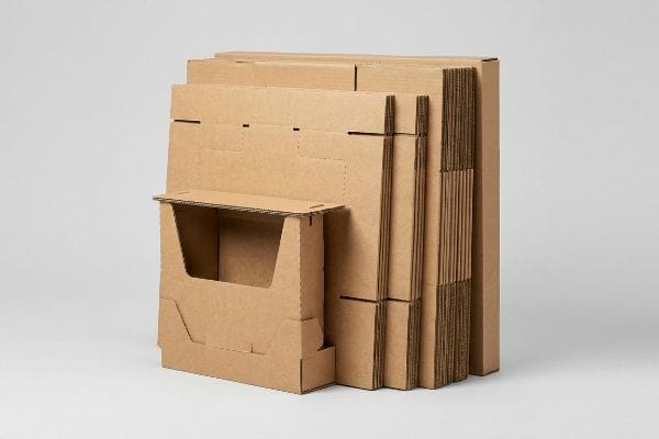 Flat-pack Corrugated Displays Brown corrugated cardboard flat-pack display units stacked, one partially assembled showing an interlocking pop-up base.
