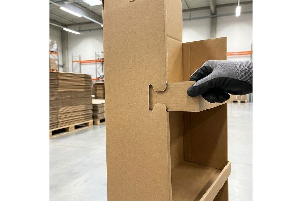 Brown corrugated cardboard display unit assembly, a gloved hand inserting a tab into an interlocking slot, in a warehouse.