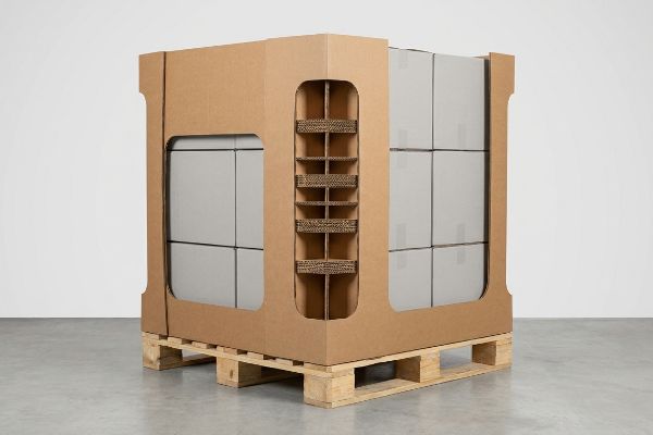 Corrugated full pallet display with an internal H-divider spine, supporting stacked grey boxes on a wooden pallet.