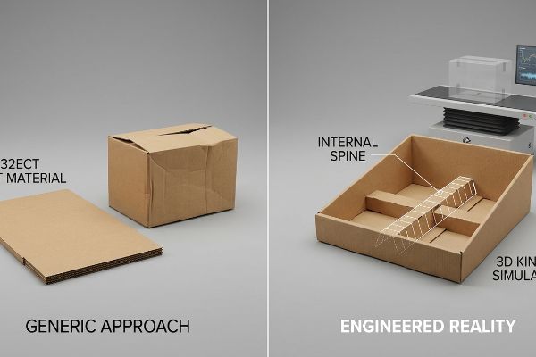 32ECT Material generic cardboard box next to an Engineered Reality tray with an Internal Spine and 3D Kinetic Simulation.