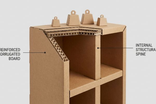 A cutaway view reveals the Reinforced Corrugated Board and Internal Structural Spine of a sturdy cardboard shelving unit, topped with small weights.