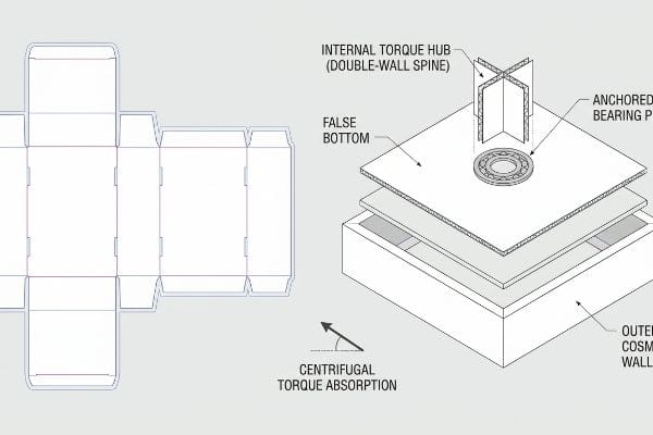 Corrugated box dieline and exploded view of an internal torque hub, double-wall spine, false bottom, and anchored bearing plate, demonstrating centrifugal torque absorption.