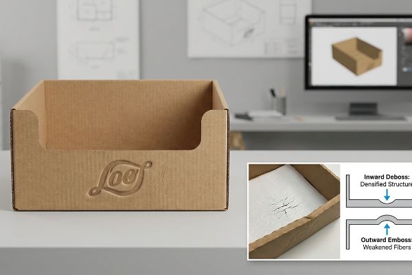 Brown corrugated PDQ tray with 'Loo' debossed logo, showing inward deboss for densified structure vs. outward emboss weakening fibers.