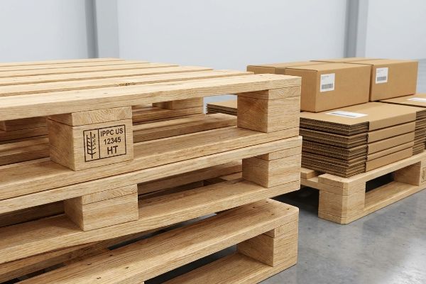 Light brown heat-treated wooden pallets, one with an IPPC US 12345 HT stamp, beside stacked cardboard boxes.